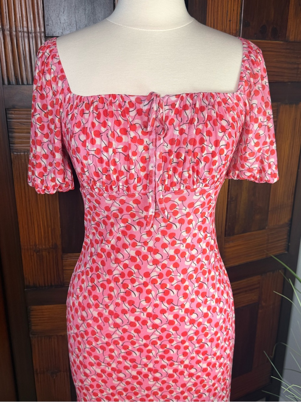 Cupshe NWT Cherry Print Mesh Midi Dress Small Pink Square Neck Coquette Y2K - Picture 3 of 15